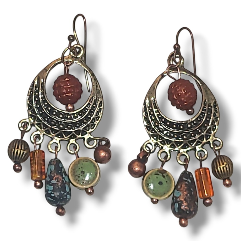 Gold Tone Boho Dangle Earrings‎ Beaded Tribal Festival Artisan Style